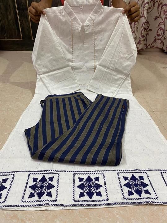 Post image *NEW LAUNCH*

*khadi with nabs embroidery collection *

* Royal look party wear collections *
 
*Attractive blue and white colour *

* Size 38(m), 40(L),42(xl), 44(xxl)*

* Kurti length 42*

*Pant length 38 with both side pocket *

*Ready to ship*