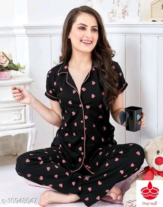 Post image Eva Adorable Women Nightsuits

Top Fabric: Cotton
Bottom Fabric: Cotton
Top Type: Regular Top
Bottom Type: Pyjamas
Sleeve Length: Short Sleeves
Pattern: Printed
Multipack: 1
Sizes:
S (Top Bust Size: 31 in, Top Length Size: 26 in, Bottom Waist Size: 28 in, Bottom Hip Size: 12 in, Bottom Length Size: 38 in) 
XL (Top Bust Size: 36 in, Top Length Size: 29 in, Bottom Waist Size: 34 in, Bottom Hip Size: 13 in, Bottom Length Size: 41 in) 
L (Top Bust Size: 34 in, Top Length Size: 28 in, Bottom Waist Size: 32 in, Bottom Hip Size: 13 in, Bottom Length Size: 40 in) 
XXL (Top Bust Size: 38 in, Top Length Size: 30 in, Bottom Waist Size: 36 in, Bottom Hip Size: 14 in, Bottom Length Size: 42 in) 
M (Top Bust Size: 32 in, Top Length Size: 27 in, Bottom Waist Size: 30 in, Bottom Hip Size: 12 in, Bottom Length Size: 39 in)