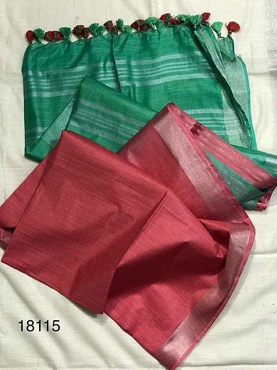 Green and red color cotton slub saree with running Blouse piece uploaded by Queen Silk on 8/16/2020