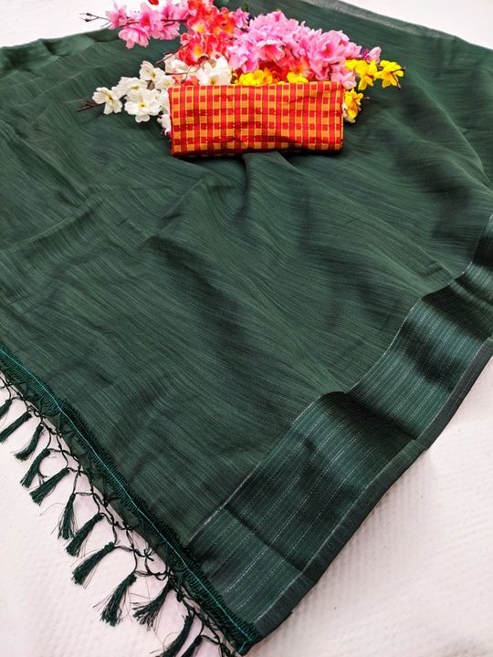 Post image *STOP &amp; SHOP NEW LAUNCHING*

👉🏻Fabric:- *Pattern Cotton* 

   saree with contrat jacquard woven border and Tassels ( jalar )

👉🏻Blouse:-jacquard woven Blouse

Saree cut :- 5.5 mt

Blouse cut :- 0.80 mt

              🌹Rate-350/-🌹

👉🏻STOP &amp; SHOP ONLY BEST RATE &amp; BEST QULITY GIVE IS OVER GOL.

Ready to ship