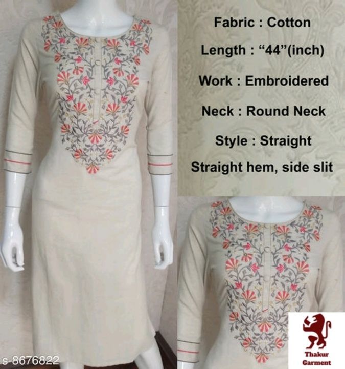Women's Embroidered White Cotton Kurtis uploaded by business on 6/24/2021