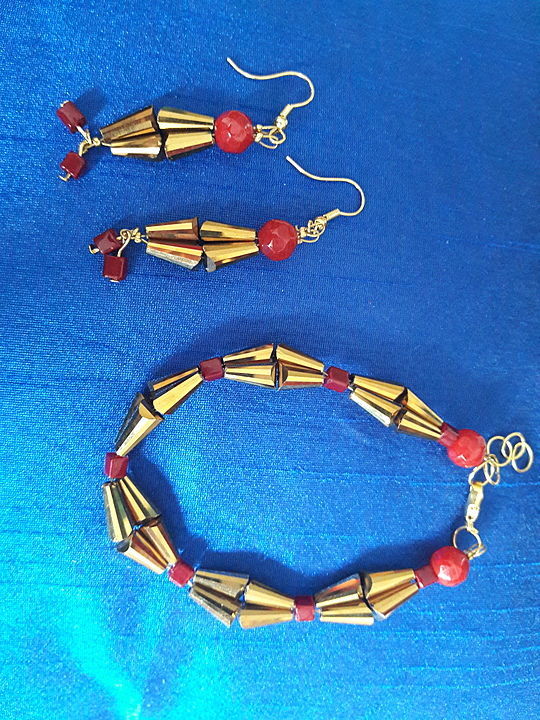 Golden glass beads bracelet and earings uploaded by Sai Ganesh FireFlies on 8/16/2020
