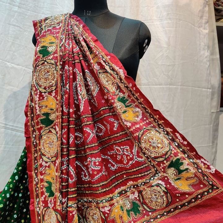 Post image (014)Pure gaji silk handwork bandhani saree in green and red color....