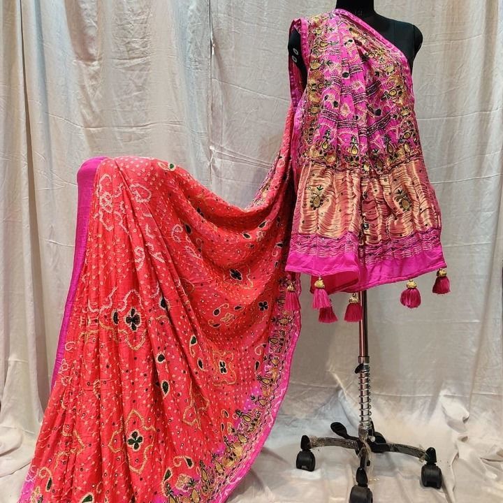 Post image (014)Pure gaji silk handwork bandhani saree in peech and pink color....