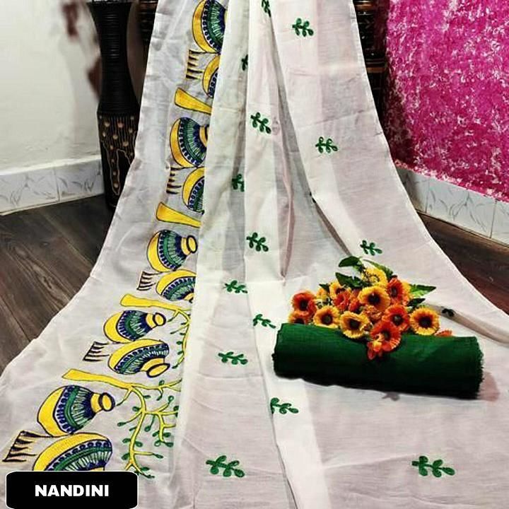 Post image *AC - 188*

*NANDINI*

SAREE - HEAVY MODAL CHANDERI COTTON 
( beautiful embroidery work )

BLOUSE - BANGALORY SILK

PRICE - *₹ 415+-*

READY TO SHIP contact this no 9664147247