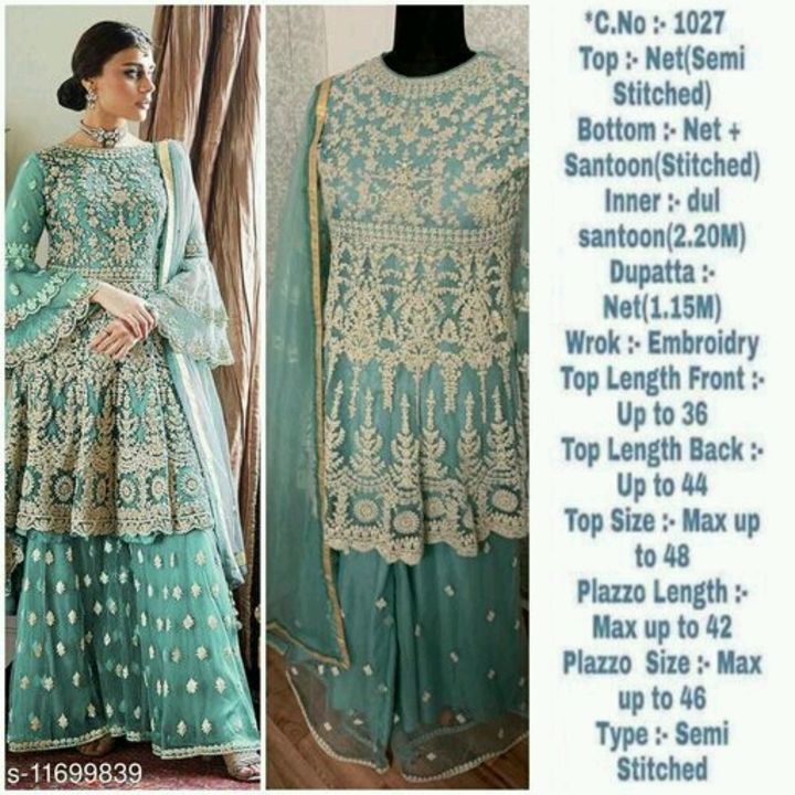 Post image Floral Net Semi-Stitched Suits &amp; Dress Materials (Single Pack)
Top Fabric: Net(Semi Stitched)Bottom Palazzo Fabric: Net + SantoonInner : Dull SantoonDupatta Fabric: NetPattern: EmbroideredMultipack: SingleSizes: Semi Stitched (Top Bust Size: Up To 38 in To 40 in, Top Length Size Front: Upto 36 in, Top Length Size Back: Upto 44 in, Palazzo Length Size: Max upto 44 in, Palazzo size : Maximum upto 46 Dupatta Length Size: 2.25 m) 
Type : Semi StitchedDispatch : 1 DaysDM ME FOR ORDER