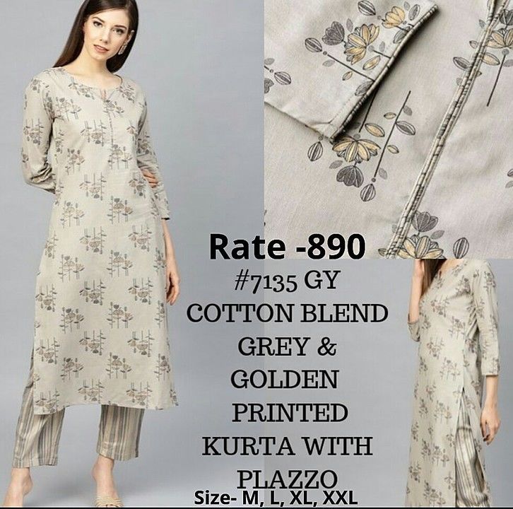 Cotton blend grey and golden private kurta with palaazzo 
Size - M, L, Xl,XXL uploaded by business on 8/17/2020