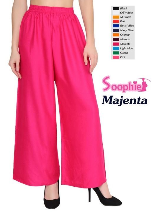Post image *🌺RESTOCKED on high demand🌺*
*👸🏻Brand Soophie™ Kurtiz*👸🏻[Accept with soophie brand tag only]
*Fabric : Rayon*
*Waist size : 30 inch to 44 inch free size*
*Length : up to 39+ inch*
*Rp (2 palazzo) : 599/- shipp free* 
*CHOOSE any 2 colour*🤷‍♀️🤷‍♀️
*👸🏻Quality ASSURANCE with brand👸🏻*