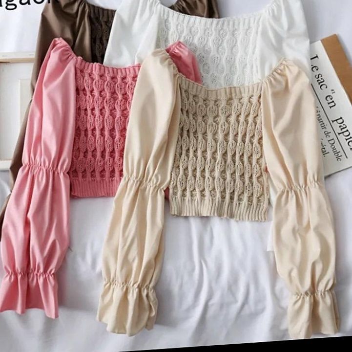 *Women Slash Neck Cropped Sweater Pullover Crop Top Patchwork Chiffon Flare Sleeve*

Free size 30-34 uploaded by business on 8/18/2020