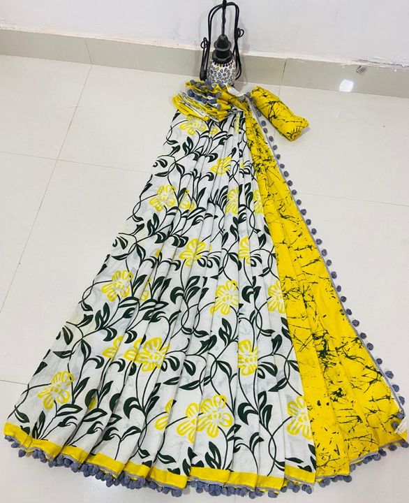 Hand block print cotton malmal Saree's with pompom uploaded by business on 7/2/2021