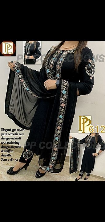 😍elegant 3pc rayon pant set with zari design on kurti & matching design on pant & chiffon dupatta(  uploaded by Nakhrang store on 8/19/2020