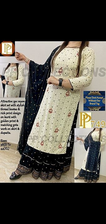 😍attractive 3pc rayon skirt set with stylish thread bootas & rich print design on kurti with golden uploaded by Nakhrang store on 8/19/2020