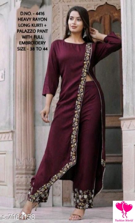 Post image This is my new collection 👗👌🤩🤩
Free shipping Cash on delivery
Women's Solid Rayon Kurta with Palazzos Maha Price Drop Sale
Kurta Fabric: Rayon
Bottomwear Fabric: Rayon
Fabric: Rayon
Sleeve Length: Three-Quarter Sleeves
Set Type: Kurta With Bottomwear
Bottom Type: Palazzos
Pattern: Solid
Multipack: Single
Sizes:
M (Bust Size: 38 in Kurta Waist Size: 34 in Kurta Length Size: 44 in Bottom Length Size: 40 in) 
L (Bust Size: 40 in Kurta Waist Size: 36 in Kurta Length Size: 44 in Bottom Length Size: 40 in) 
XL (Bust Size: 42 in Kurta Waist Size: 38 in Kurta Length Size: 44 in Bottom Length Size: 40 in) 
XXL (Bust Size: 44 in Kurta Waist Size: 40 in Kurta Length Size: 44 in Bottom Length Size: 40 in)
Country of Origin: India