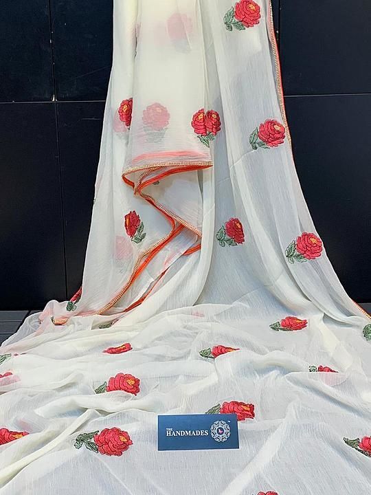 * Pure Marble Chiffon Sarees with Rose Pattern Embroidery Work running blouse pc. uploaded by business on 8/20/2020