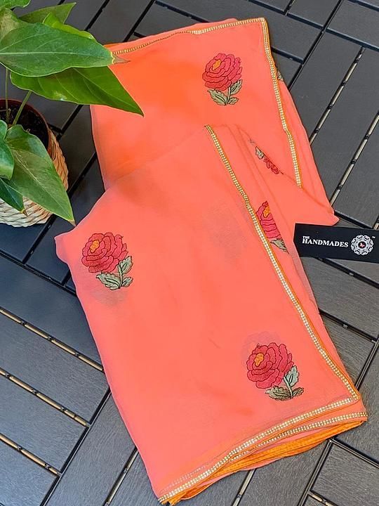 * Pure Marble Chiffon Sarees with Rose Pattern Embroidery Work running blouse pc. uploaded by Ethdezires on 8/20/2020