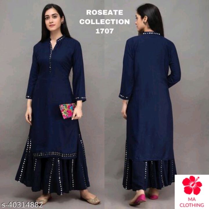 Post image Catalog Name:*Aagam Graceful Women Kurta Sets*Kurta Fabric: RayonBottomwear Fabric: RayonFabric: RayonSleeve Length: Three-Quarter SleevesSet Type: Kurta With BottomwearBottom Type: PalazzosPattern: Self-DesignMultipack: SingleSizes:L (Bust Size: 40 in) XL (Bust Size: 42 in) XXL (Bust Size: 44 in) 
Easy Returns Available In Case Of Any Issue*Proof of Safe Delivery! Click to know on Safety Standards of Delivery Partnersr. Rs  750