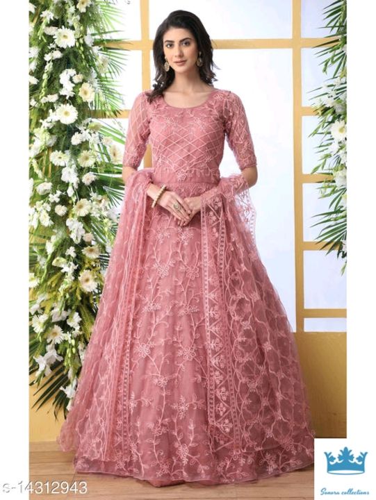 Bollyclues Net fabric Anarkali Pink Semi Stitch Gown uploaded by Sonora collections on 7/8/2021