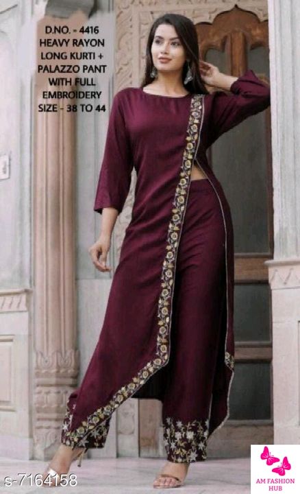 Women Rayon A-line Embroidered Long Kurti With Palazzos uploaded by AM Fashion Hub on 7/8/2021