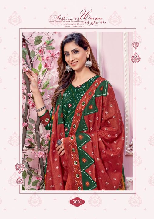 Post image 👑 MISS WORLD CHOICE👑
*Present New Collection*
*BANDHNI SPECIAL VOL -3*
*Summer🏖️collection*
*SUPER HIT BANDHNI COLLECTION ⭐️⭐️⭐️⭐️⭐️*
✂️ details:- *TOP* - Pure Cotton Print (2.35MTS)
*BOTTOM* - Pure Cotton Print (2MTS)
*DUPATTA*- PURE COTTON MAL-MAL (2.25MTS)
*1⃣0️⃣ DESIGN AWESOME COLLECTION*
*PRICE:- 350/- PER PEICE*
*🔥Latest Colours*