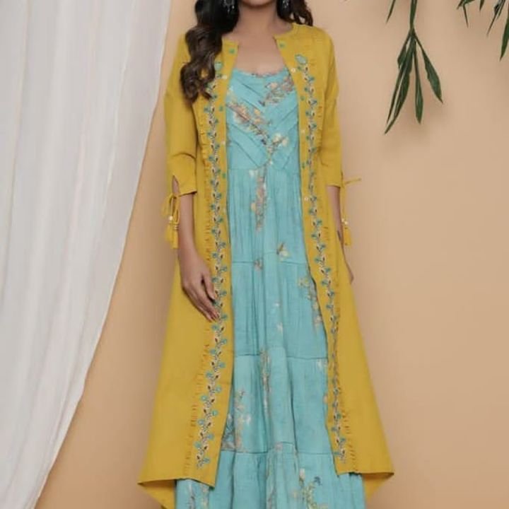 Post image *Designer long jacket dress*
High quality super fine reyon cotton tire pattern long dress (inner seprate) with golden liquid zari paired with beautiful embroided shrug &amp; designer sleeves......
Size 38 40 42 44
MRP 1750 free ship
