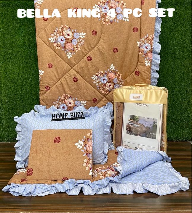 Post image *BELLA KING 4 PC COMFORTER SET  WITH FRILL ON COMFORTER AND PILLOW COVERS   
FABRIC- HEAVY GLACE COTTON(COTTON FEEL)
➡️1 Bedsheet 108*108
➡️2 Full Size Pillow Covers *WITH FRILL* 
➡️1 COMFORTER FULL SIZE WITH FRILL

🔹️WEIGHT-3600GM
ATTRACTIVE BAG PACKING
 *PRICE-1375-(NEVER BEFORE PRICE)* 
👉 **NEW COLLECTION* 
👉 *HOT SELLING* *DESIGNS**

 *CHEAPEST KING SIZE COMFORTER SET*