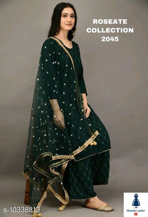 Post image Women Rayon A-line Embroidered Long Kurti With Palazzos And Dupatta
Kurta Fabric: 14 Kg RayonBottomwear Fabric: 14 Kg RayonFabric: Heavy NetSleeve Length: Three-Quarter SleevesSet Type: Kurta With Bottomwear &amp; DupattaBottom Type: PalazzoPattern: EmbroideredMultipack: SingleSizes: XL (Bust Size: 42 in, Kurta Length Size: 46 in, Bottom Waist Size : 34 In, Bottom Length : 40 In, Dupatta Length Size :2.25 M )L (Bust Size: 40 in, Kurta Length Size: 46 in, Bottom Waist Size : 32 In, Bottom Length : 40 In, Dupatta Length Size :2.25 M )XXL (Bust Size: 44 in, Kurta Length Size: 46 in, Bottom Waist Size : 36 In, Bottom Length : 40 In, Dupatta Length Size :2.25 M ) 


Dispatch: 1 Day