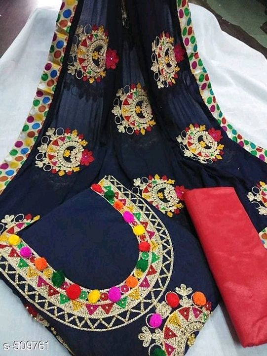 Post image *TOP* :  Modal Chanderi + Embroidery
*BOTTOM* : Santoon + Solid
*DUPATTA* : Nazneen Chiffon + Embroidery
*TYPE* :  Unstitched
Rs.499+$
Sl