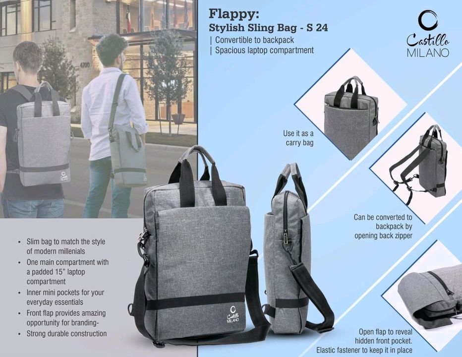 Post image *AINPPS24 - Flappy: Stylish Sling bag | Convertible to backpack | Spacious laptop compartment*

– Slim bag to match the style of modern millenials
– One main compartment with a padded 15” laptop compartment
– Inner mini pockets for your everyday essentials
– Open flap to reveal hidden front pocket. Elastic fastener to keep it in place
– Can be converted to backpack by opening back zipper
– Front flap provides amazing opportunity for branding
– Strong durable construction
Product Dimensions (cm)	43 x 30 x 7
Product Weight (gms)	580
HSN Code	420222
GST Rate (in %)	18