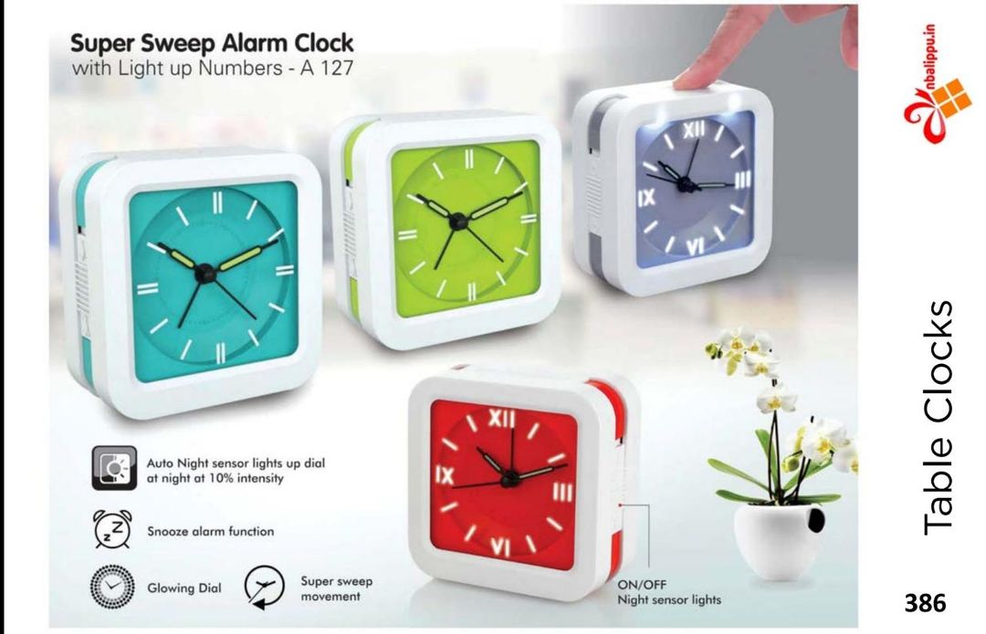 Post image *AINPP386 - Super Sweep alarm clock with Light up numbers*

– Beautiful table clock with Super sweep movement
– Snooze button lights up the dial
– Very eye-catching design when dial lights up
– Snooze alarm function
– Night-Sensor function: Lights up dial at 10% intensity so time is easily visible
– Available in 4 beautiful colors
Product Dimensions (cm)	10.5 x 9.5 x 4.9
Product Weight (gms)	170
HSN Code	910519
GST Rate (in %)	18