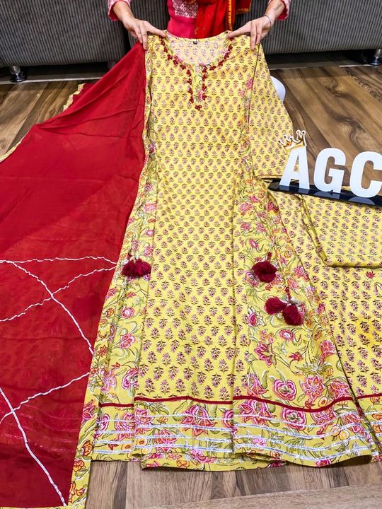 *AGC*

Premium cotton anarkali block print  gown with embroidery on neck  & gota  detailing with tas uploaded by business on 7/18/2021