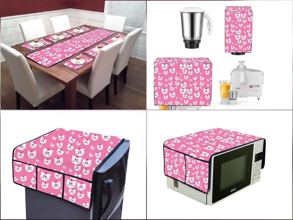 Post image *KITCHEN COMBO SET**Fabric* : Printed laminated non wooven*Contents* -  👉🏻 Fridge Top  size 40*21👉🏻 DINING TABLE SETS ♨ Size  Table Runner ( L X W ) - 54 in x 13 in Dining Mat ( L X W ) - 12.5 in x 19 in👉🏻Mixer And Grinder cover 🥤 mixer size 19’’*13’’*13’’ grinder (jug) size 8’’* 7’’*13’’👉🏻 Microwave Full Cover  size 18*14*11.5combo weight - minus 1kg For order and queries whatsup me 7419223200