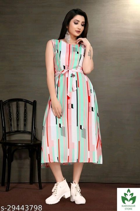Women Trendy Flared Sleeveless Multicoloured Maxi Dress With Waist Belt
 uploaded by business on 7/21/2021