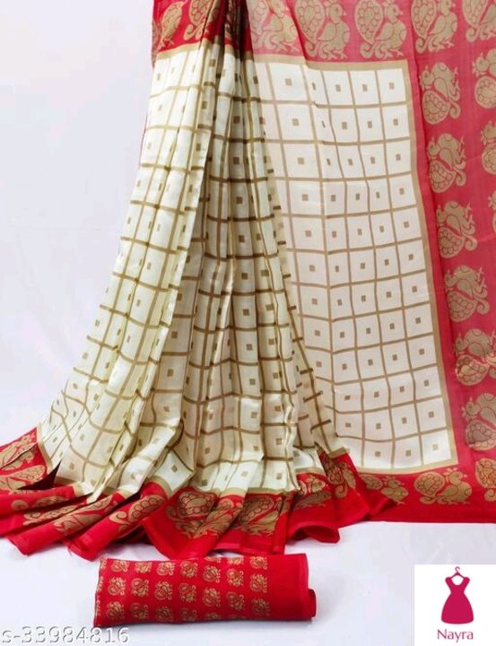 Post image Price 350 
Trendy Silk Sarees
Saree Fabric: SilkBlouse: Running BlouseBlouse Fabric: SilkPattern: Self-DesignBlouse Pattern: PrintedMultipack: SingleSizes: Free Size (Saree Length Size: 5.2 m, Blouse Length Size: 0.8 m) 
Dispatch: 2-3 Days