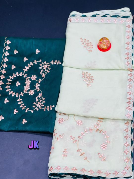 Post image Soft chiffon  best guaranteed fabric... designer gottapatti work saree   Contrast blouse benglori  silk fabric with work  :)*Price 1080 free shipping*