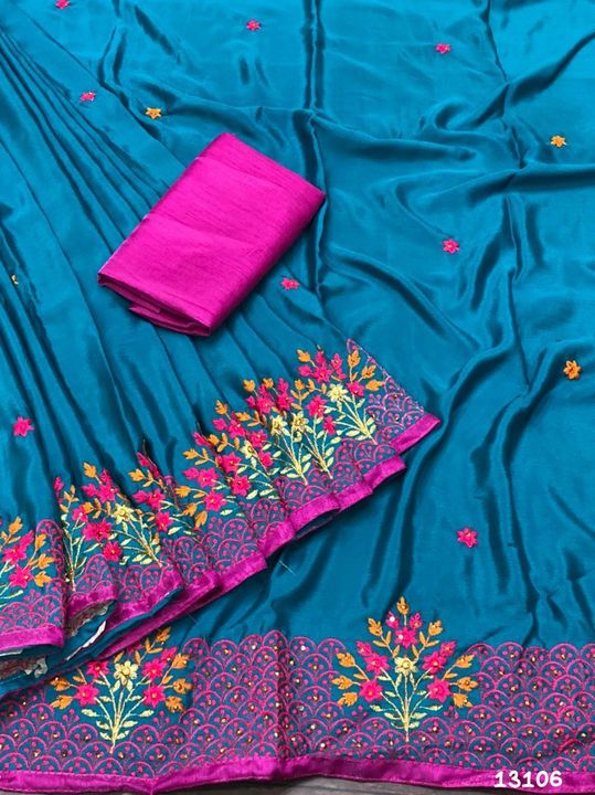 Post image *Desinger wear *🌹
*Pure garden silk *
*With multi colour emroding with stone work *
*With contrast blouse *
*Available in multiples *
*₹720 only*😍