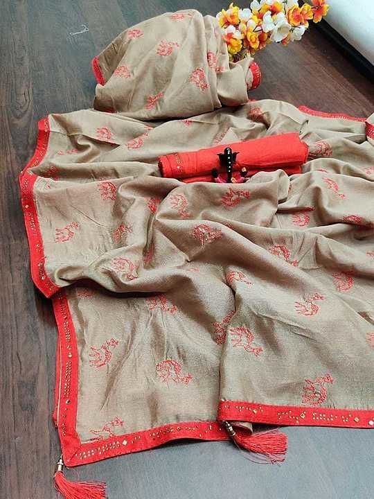 Post image *&gt;Shree&lt;*

New launch of Vichitra silk saree with Camel 🐪Embroidery work with Hotflix diamon on border 💝 

Banglori blouse 🍒 

Rate (₹) 649/-
( 6 Colours )
Ready to ship 💝