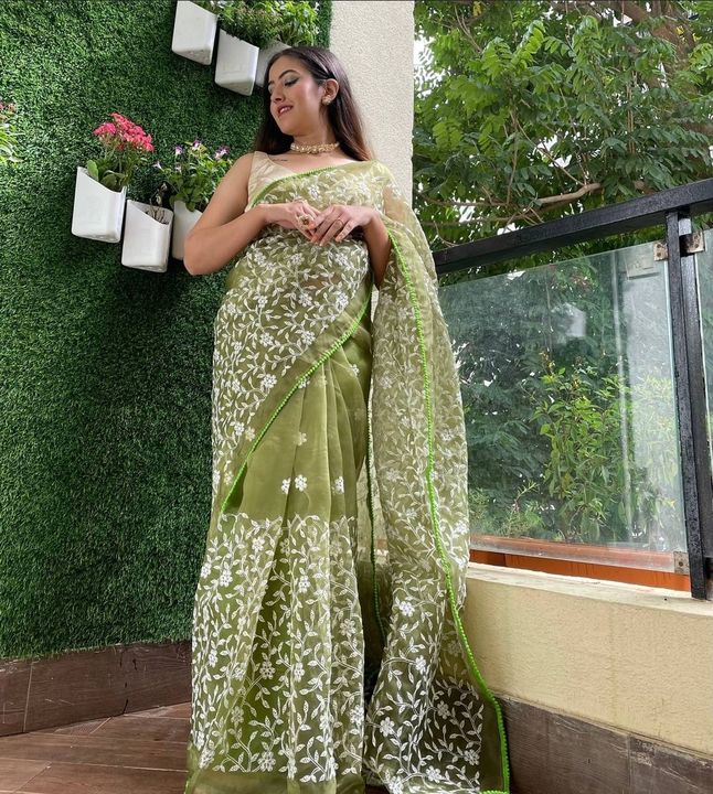 Organza silk saree with lucknavi work saree uploaded by business on 7/23/2021
