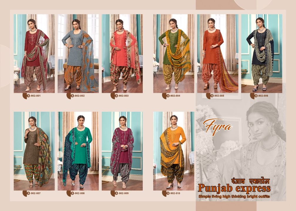 Post image 👗 *Fyra Designing Hub by Alok Suit - Make in India* 👗   Launches its New Catalog: *PUNJAB EXPRESS**Fabric Details:*👗 *TOP: Pure Soft Cotton Self Print with Thread Embroidery &amp; Swarovski Diamond Work*👖 BOTTOM: Pure Soft Cotton Patiyala Print🧣 *DUPPATTA: Pure Nazneen Chiffon Print*
Happy Shopping…*Vocal for Local*