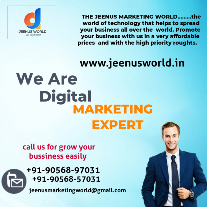 Post image Dear Customer, Welcome to THE JEENUS MARKETING WORLD………the world of technology that helps to spread your business all over the world. Promote your business with us in a very affordable prices and with the high priority roughts. Contact us on – 90568-97031 , 90568-57031   ORMail us on – jeenusmarketingworld@gmail.com.