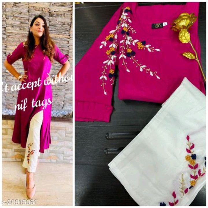 Post image Catalog Name:*Abhisarika Attractive Women Kurta Sets*Kurta Fabric: RayonBottomwear Fabric: RayonFabric: No DupattaSleeve Length: Short SleevesSet Type: Kurta With BottomwearBottom Type: PantsPattern: EmbroideredMultipack: SingleSizes:L, XXLEasy Returns Available In Case Of Any Issue*Proof of Safe Delivery! Click to know on Safety Standards of Delivery Partners- https://ltl.sh/y_nZrAV3