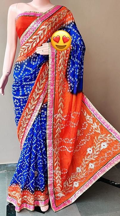 Post image Full on sale 👒👒👒👒
👉🏻Art silk bandhej saree 😻😻
👉🏻With gota work 
👉🏻Runng blouse 80 cm 
👉🏻Price 850++&amp;