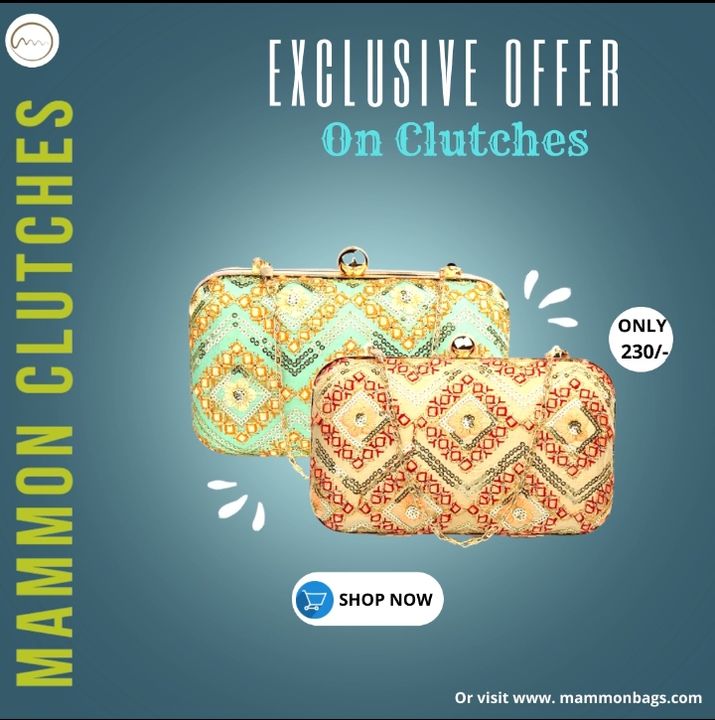 Post image Clutches are never off from fashion even if it's formal or informal, party or casual outings, always in a trend. Here is the mammon clutch collection for wedlock and for parties. Flaunt your fashion vibes with a mammon clutch and don't forget to be style statement. 😍😍
👉👉Shop now: www.mammonbags.com