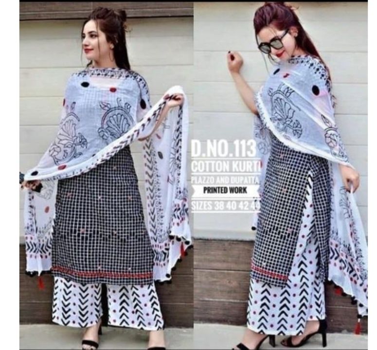 Post image Women's printed black cotton kurti with plazzo and dupatta.                                                   Price@700/-with 20%discount.                              Size-only XL available
