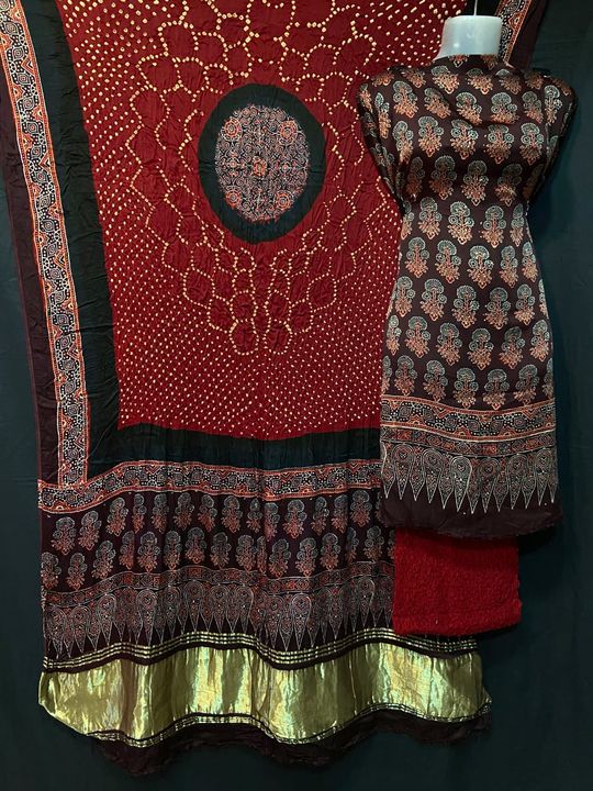 Post image (01)Ajrrakh dress Bandhani 
With banarasi duppta
Modal silk 
Super quality  
Top:2.50
Bottem:2.50
Dupppta:2.50
For inquiryCall or wtsapp 9928124040