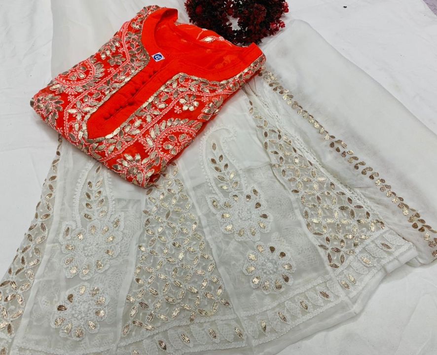 Post image *lucknawi georgette chikankari gotapatti front jaal keel with gotapatti kali sharara and gotapatti chiffon dupatta*


length 46size 38 to 44
*kurti price 850**pant price 799**dupatta price 250**set price 1700*free shippingOnly online payment options available Contact 9044704231😍😍😍😍😍😍