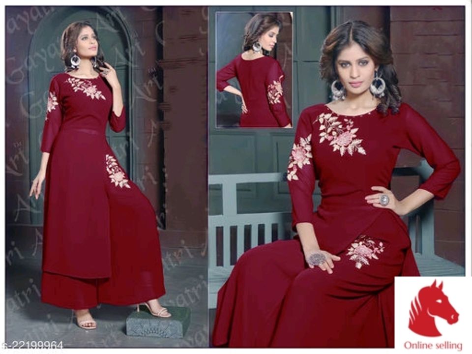 Post image Catalog Name:*Myra Drishya Women Kurta Sets*Kurta Fabric: GeorgetteBottomwear Fabric: GeorgetteFabric: GeorgetteSleeve Length: Three-Quarter SleevesSet Type: Kurta With BottomwearBottom Type: PalazzosPattern: EmbroideredMultipack: SingleSizes:M, L (Bust Size: 40 in, Shoulder Size: 15 in, Kurta Waist Size: 38 in, Kurta Hip Size: 42 in, Kurta Length Size: 52 in, Bottom Length Size: 40 in) XL (Bust Size: 42 in, Shoulder Size: 15.5 in, Kurta Waist Size: 40 in, Kurta Hip Size: 44 in, Kurta Length Size: 52 in, Bottom Length Size: 40 in) XXL, XXXLEasy Returns Available In Case Of Any Issue*Proof of Safe Delivery! Click to know on Safety Standards of Delivery Partners- https://ltl.sh/y_nZrAV3