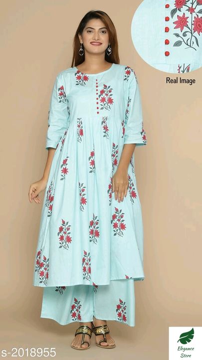 Women Cotton Pleated Printed Long Kurti With Palazzos uploaded by Elegance Store on 8/4/2021