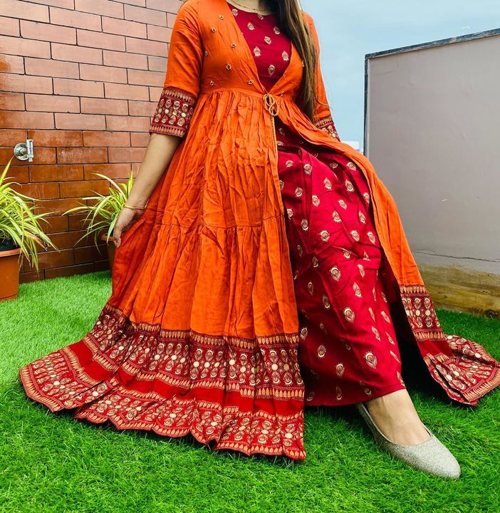 Post image Premium rayon anarkali shrug collection..Foil printed inner kurti (sleeveless) with over shrug with beautiful tussels with hanwork on shrug and fancy tussels..Mehroonish Red and orange colourSizes 38,40,42,44 singal 970Shipping FreeCod acceptedHOF🤩😍