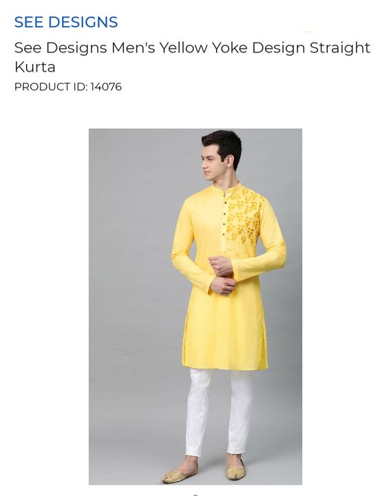 Post image Men's Yellow Yoke Design Straight Kurta 
Fabric - Cotton Ideal For - Men Occasion - Daily Fit - Regular Style - Straight Neck - Mandarin Collar Length - Above Knee Work - Thread Work Sleeve Length - Long Sleeves Wash Care Machine Wash Dry Clean Only
Rs.1899/-Size:S/M/L/XL/XXL