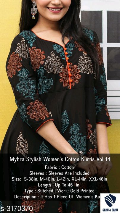 Post image *Women Cotton Flared Printed Kurti*Fabric: CottonSleeve Length: Three-Quarter SleevesPattern: PrintedCombo of: SingleSizes:S, M, L, XL, X